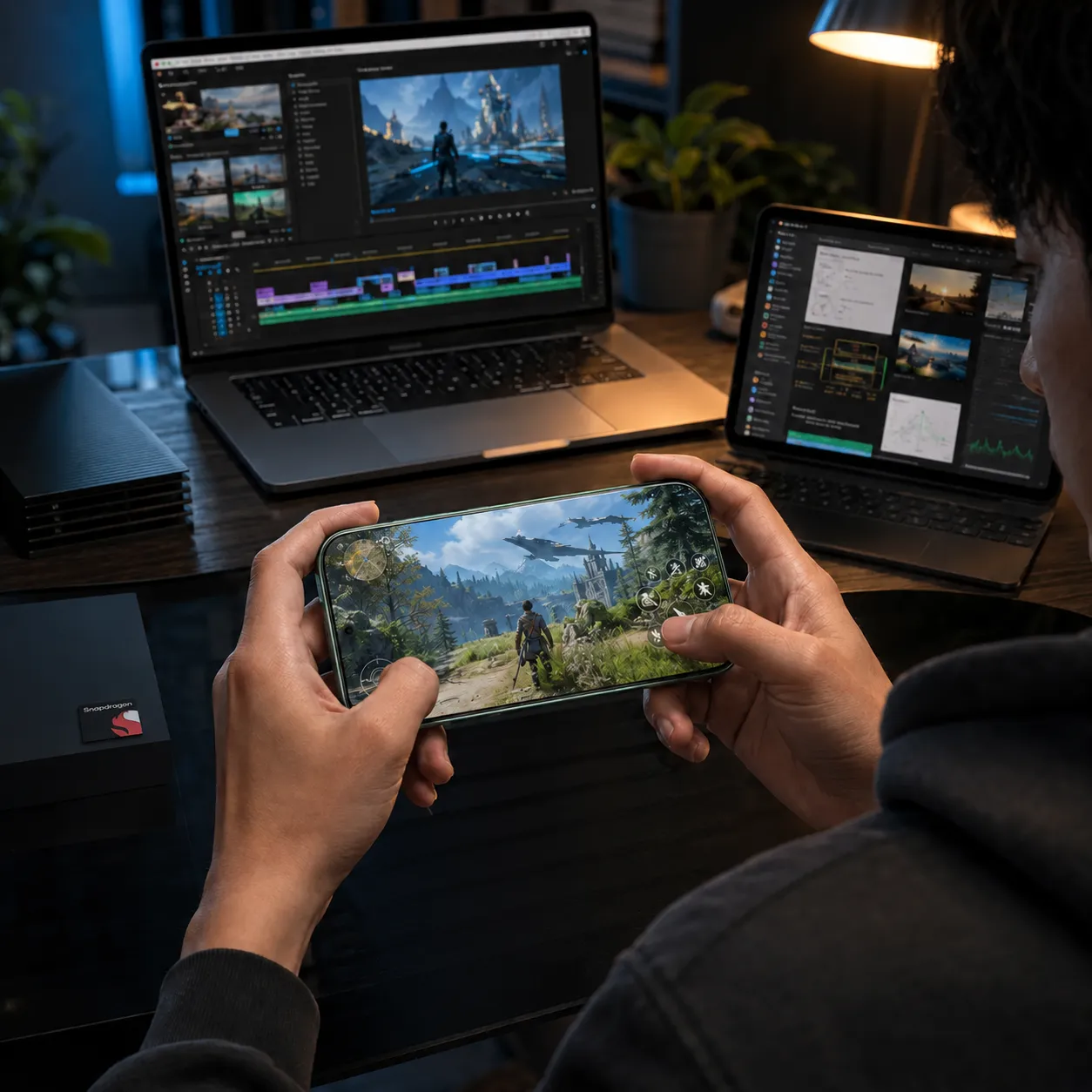 Persona jugando un videojuego en su smartphone Honor frente a una laptop