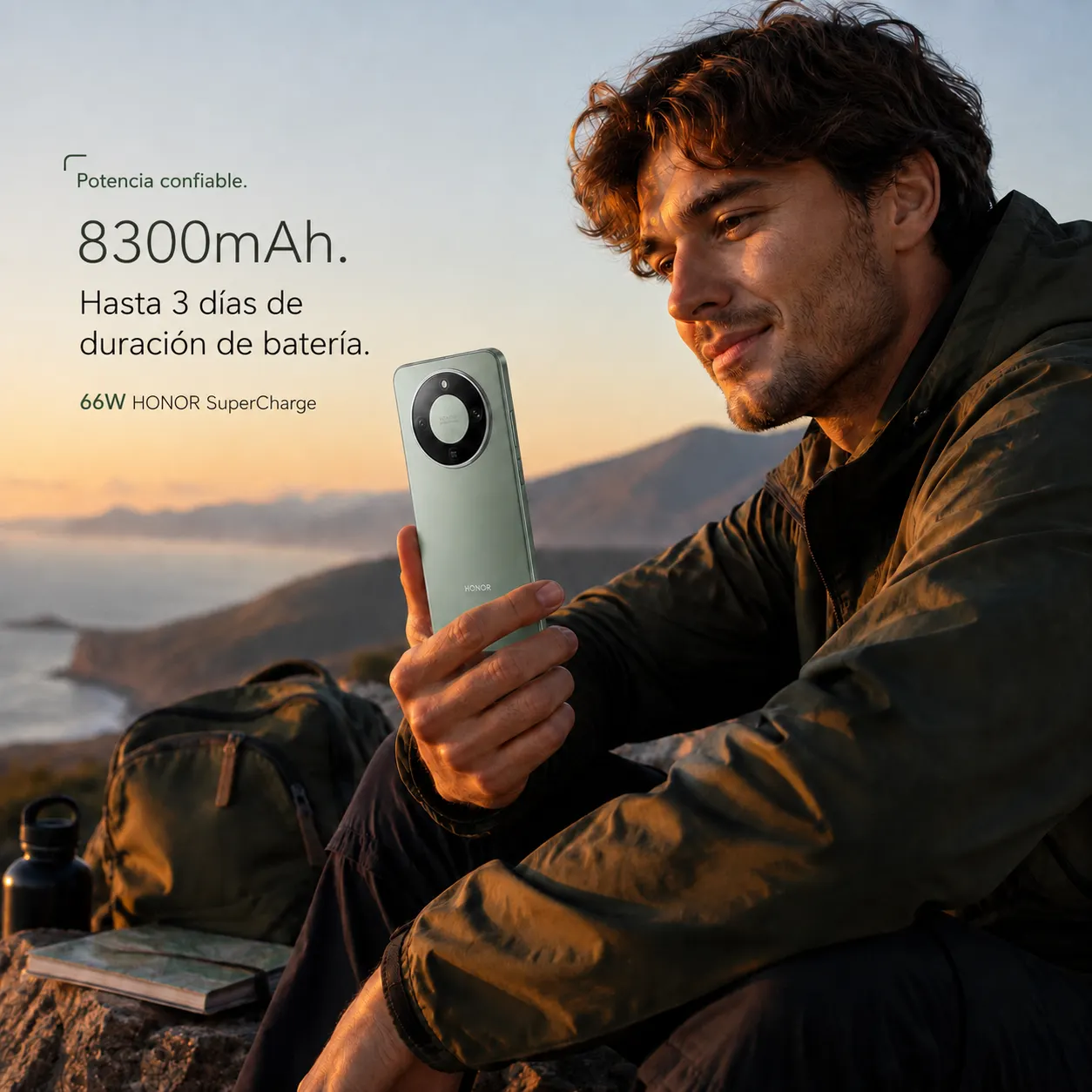 Hombre sentado al aire libre durante el atardecer sosteniendo un celular Honor destacando su batería de 8300 mAh