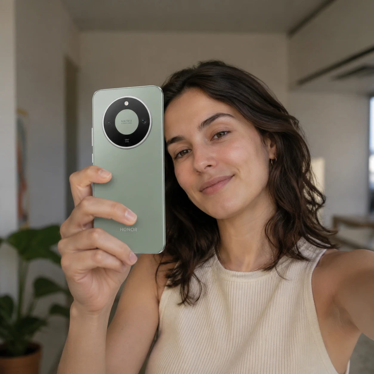 Mujer tomándose una selfi mientras sostiene y muestra el módulo de cámara circular de un smartphone Honor verde