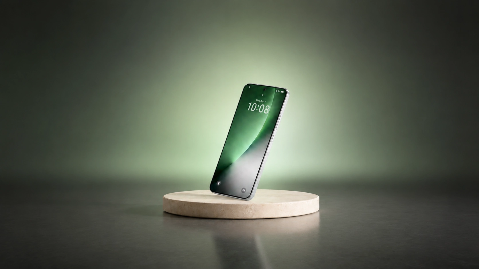 Teléfono móvil Honor Magic 8 Lite exhibido sobre un soporte cilíndrico con iluminación ambiental verde