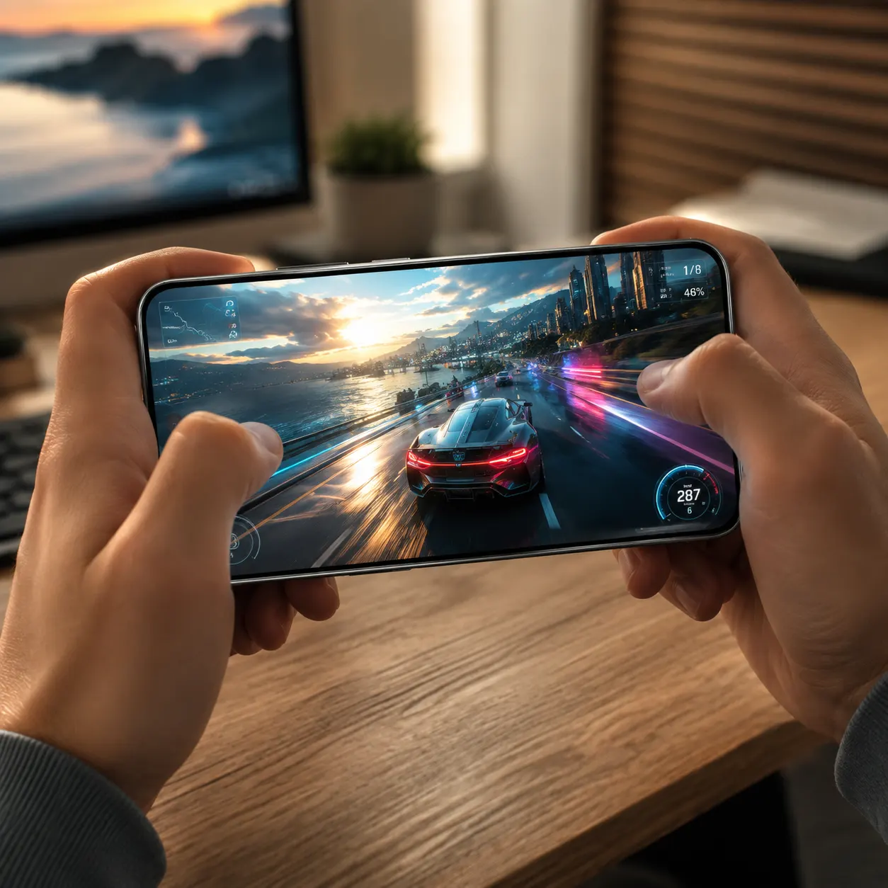 Manos sosteniendo horizontalmente un celular Honor Magic 8 mientras reproduce un videojuego de carreras a alta velocidad