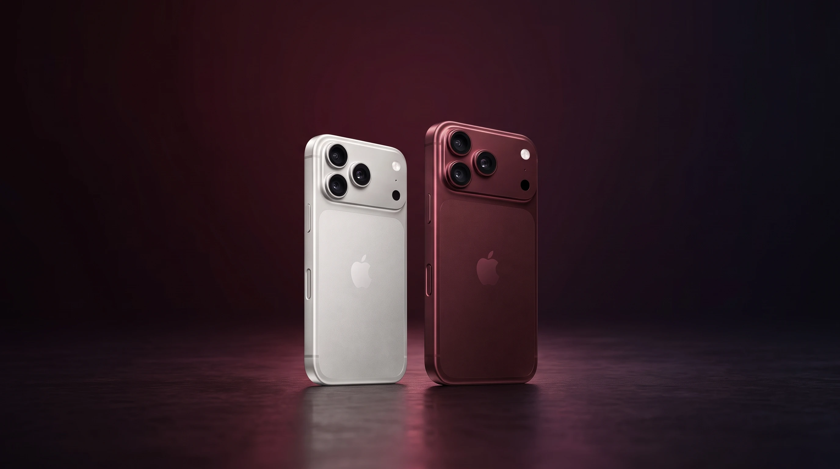 Modelos iPhone 18 Pro y Pro Max en blanco y burdeos sobre fondo oscuro. Ficha Técnica y Cámara