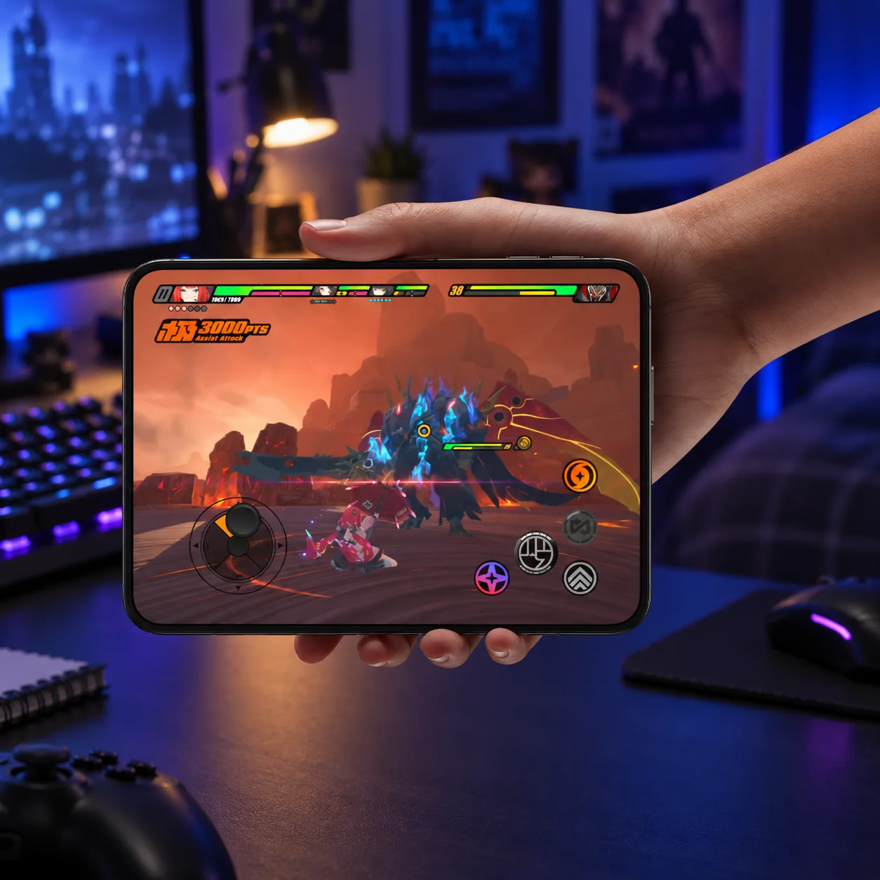 IPhone duo abierto sobre una escritorio mostrando un videojuego