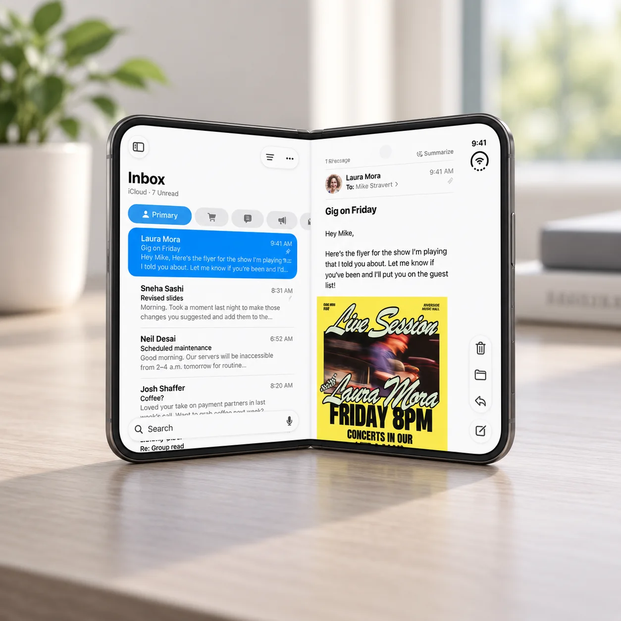 iPhone duo abierto sobre un escritorio mostrando multitarea en pantalla dividida