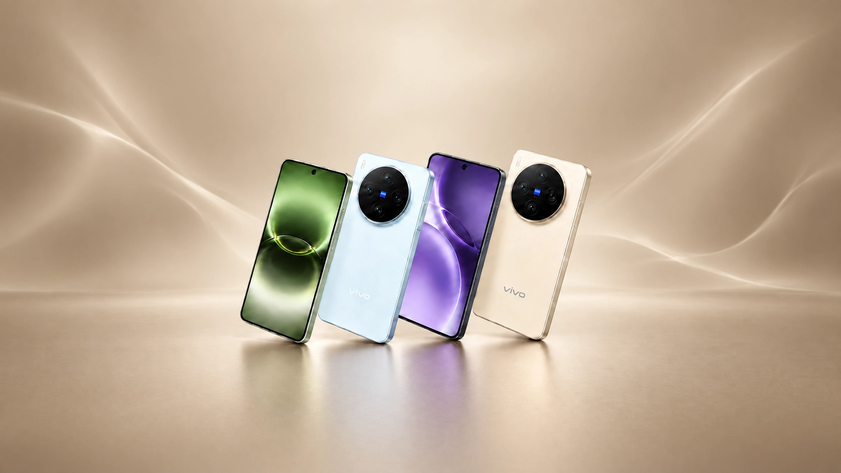 Cuatro smartphones Vivo X300 Pro en distintos colores alineados en exhibición