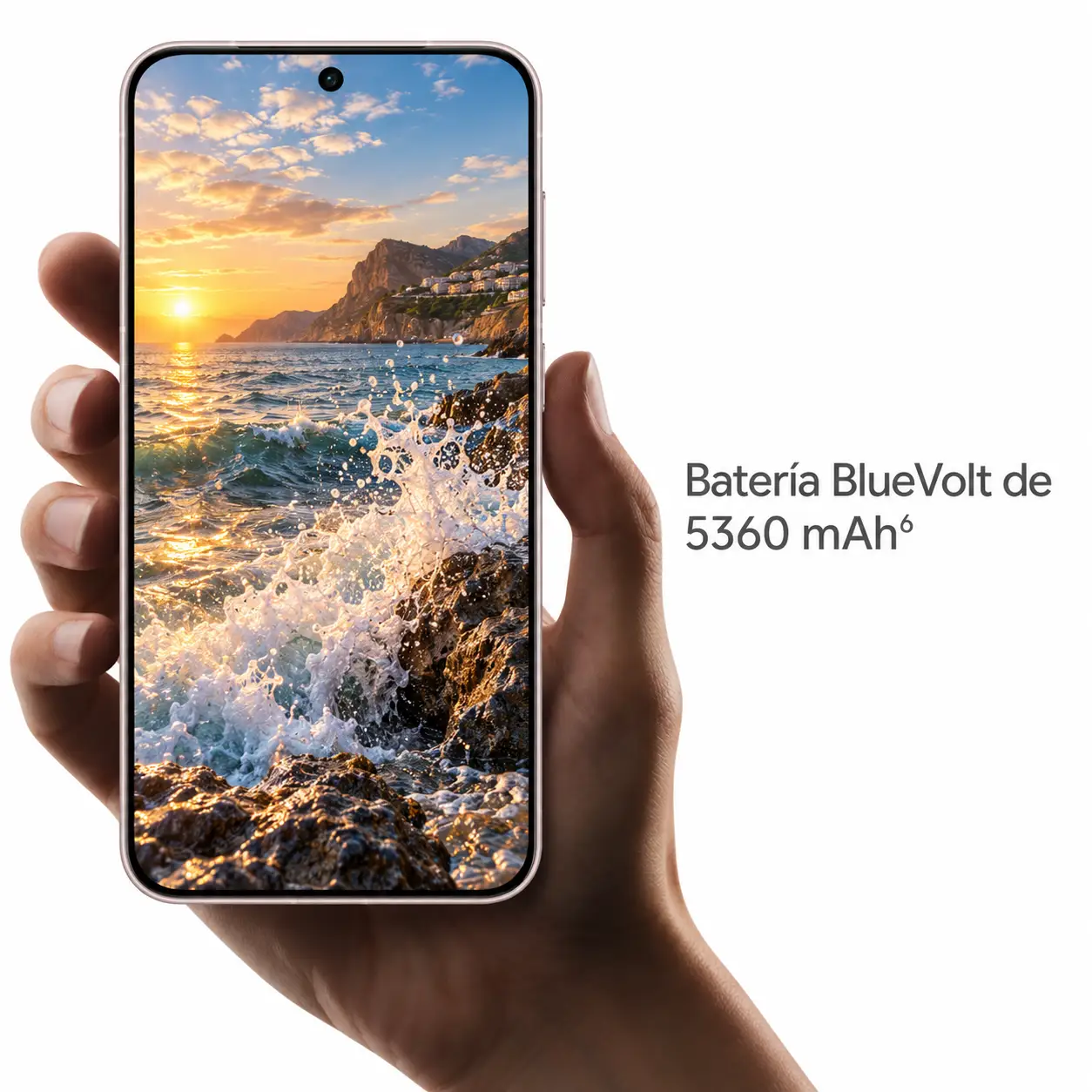 Mano sosteniendo celular Vivo X300 mostrando batería BlueVolt de 5360 mAh.