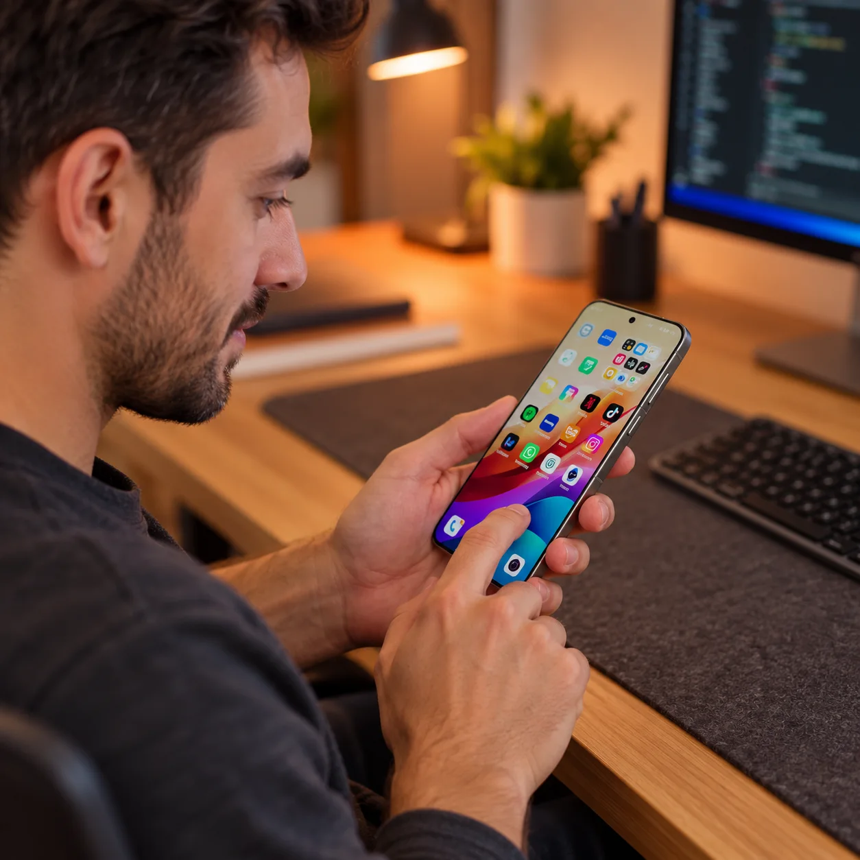 Hombre usando smartphone Vivo X300 frente a una computadora.