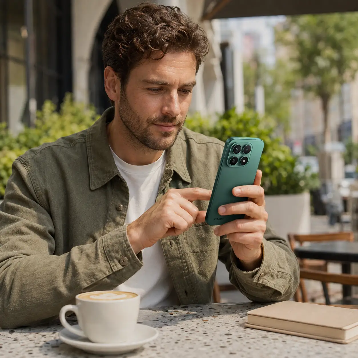 Hombre interactuando con su teléfono Xiaomi 17 pro max verde en la terraza de una cafetería junto a una taza de café