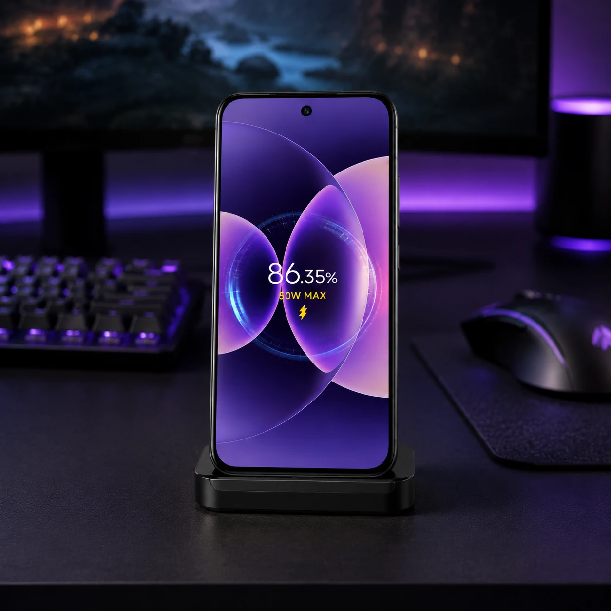 Smartphone Xiaomi 17 pro max sobre un escritorio gamer con iluminación morada