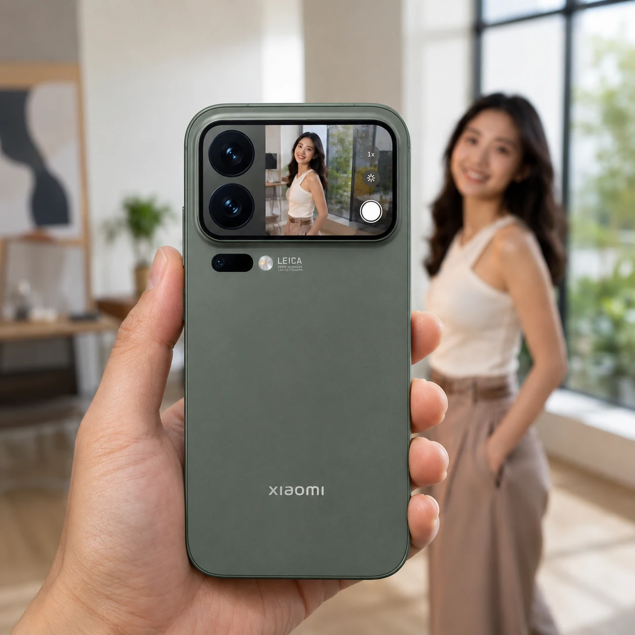 Mano sosteniendo un teléfono Xiaomi 17 pro max usando la pantalla trasera del módulo de cámaras para encuadrar el retrato de una mujer