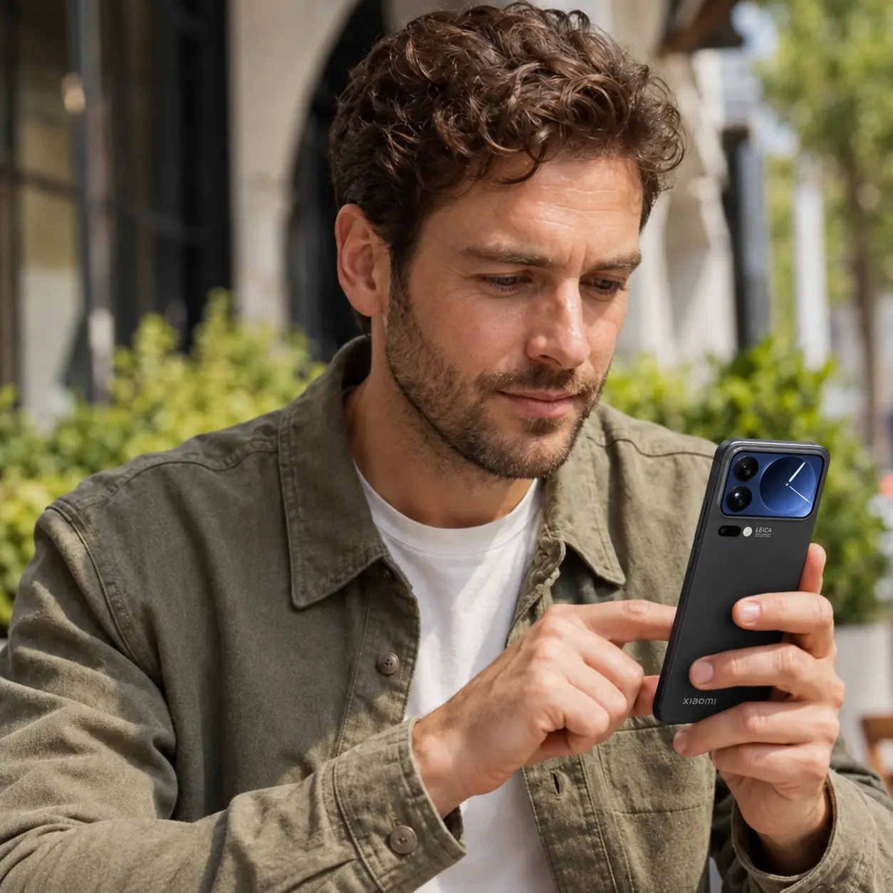 Hombre interactuando con su teléfono Xiaomi 17 pro max verde en la terraza de una cafetería junto a una taza de café